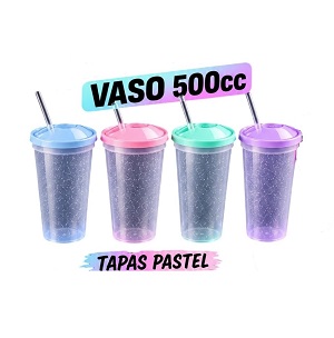 Vaso Plástico x 10 Transp. con Glitter c/Tapa y Sorbete 400 cc